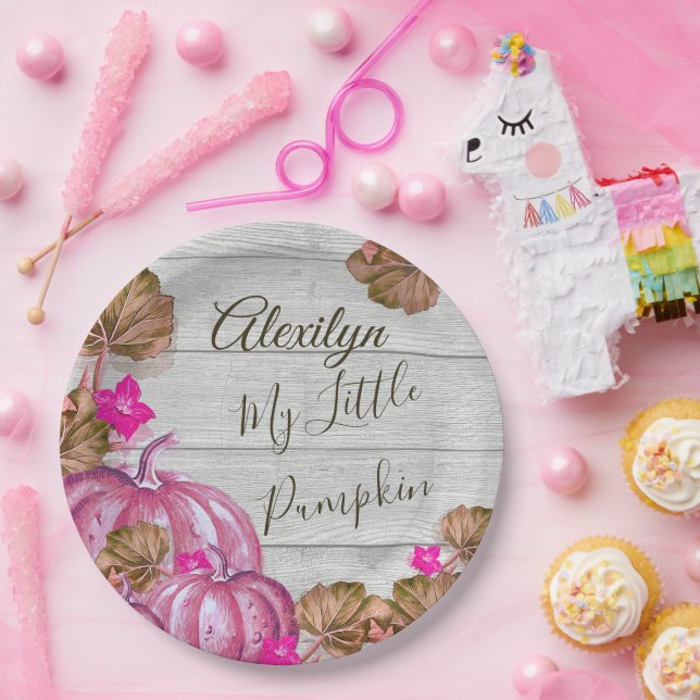 Girl Baby Shower Grey Wood Autumn Pink Pumpkin  Paper Plate (Party)