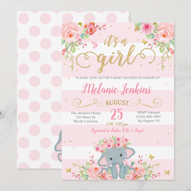 Girl Baby Shower Invitation, Elephant Baby Shower Invitation (Front/Back)