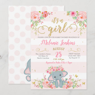 Girl Baby Shower Invitation, Elephant Baby Shower Invitation