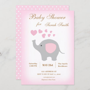 Girl Baby Shower Invitation Elephant Pink Hearts