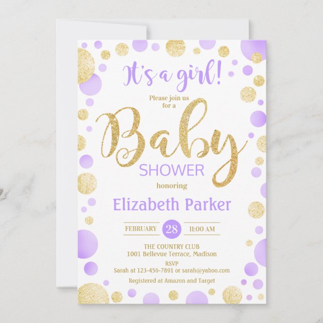 Girl Baby Shower Invitation - Purple Gold Dots (Front)
