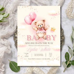 Girl Baby Shower invitation, Teddy Bear Balloons Invitation