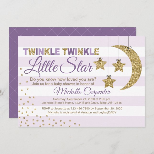 Girl baby shower invite twinkle little star purple (Front/Back)