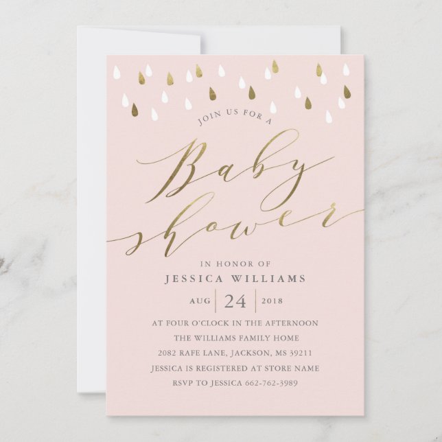 Girl baby shower invite with gold script and drops (Front)