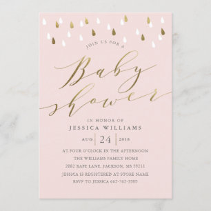 Girl baby shower invite with gold script and drops