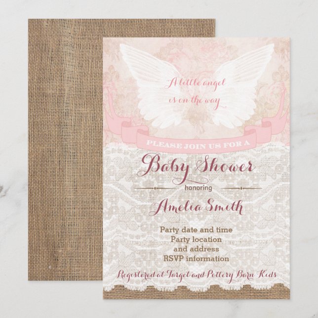 girl baby shower invites, pink angel baby shower invitation (Front/Back)