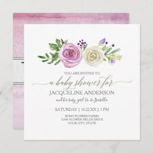 Girl Baby Shower Lilac n White Roses Leaf Foliage Invitation