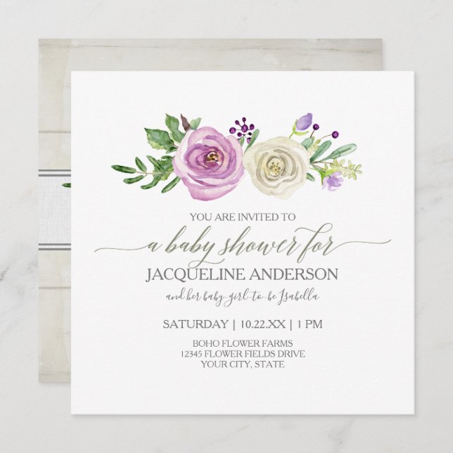 Girl Baby Shower Lilac n White Roses Rustic Wood Invitation (Front/Back)