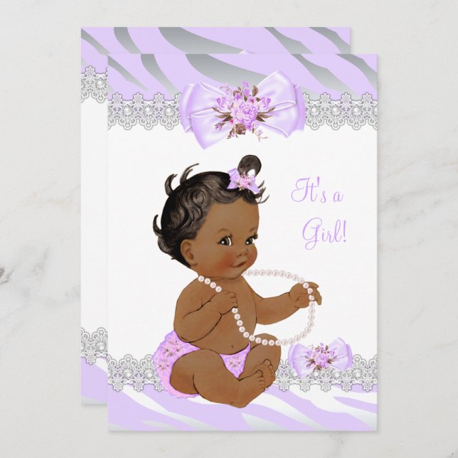 Girl Baby Shower Lilac Zebra Lace Ethnic Invitation (Front/Back)