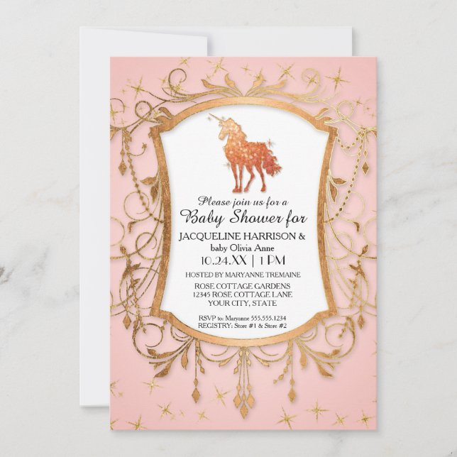 Girl Baby Shower Magical Unicorn Rose Gold Sparkle Invitation (Front)