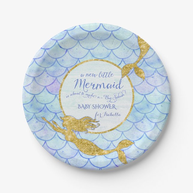 Girl Baby Shower Mermaids Gold Glitter Fish Scale Paper Plate (Front)