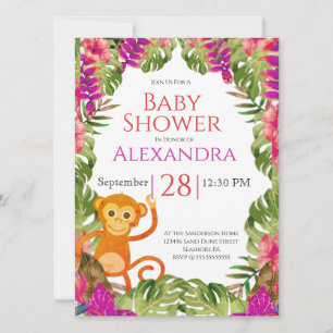 Girl Baby Shower Monkey Pink Tropical Wildlife