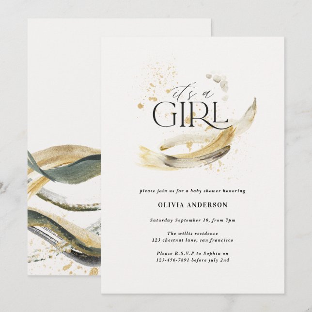 Girl Baby shower natural gold abstract watercolor  Invitation (Front/Back)