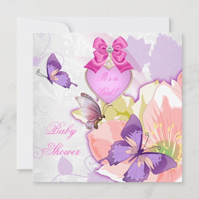 Girl Baby Shower Pink Butterfly Purple Floral Invitation (Front)