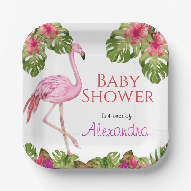 Girl Baby Shower Pink Flamingo Tropical Wildlife   Paper Plate (Front)