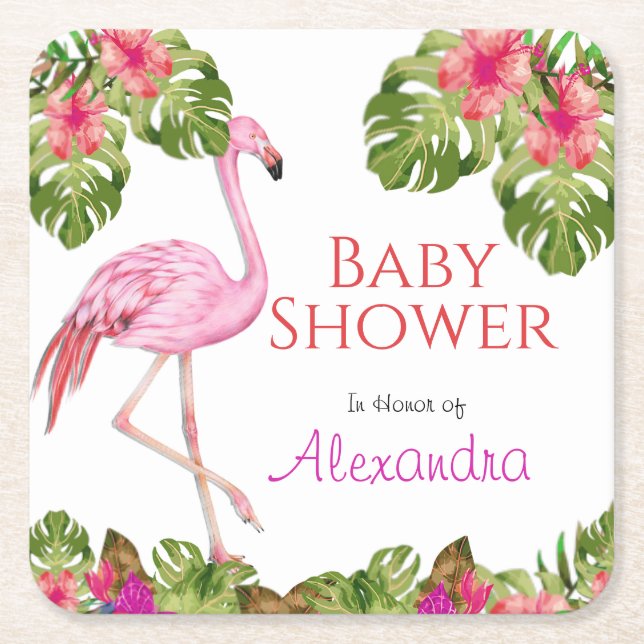 Girl Baby Shower Pink Flamingo Tropical Wildlife  Square Paper Coaster (Front)