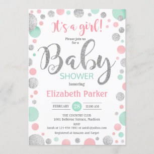 Girl Baby Shower - Pink Mint Silver Dots Invitation