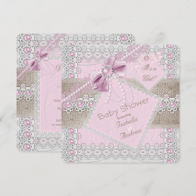 Girl Baby Shower Pink Pearl Bow Lace Burlap 2 Invitation (Front/Back)