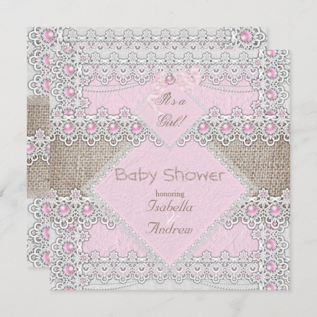 Girl Baby Shower Pink Pearl Bow Lace Burlap 3 Invitation (Front/Back)