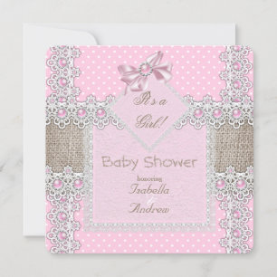 Girl Baby Shower Pink Pearl Bow Lace Polka Dots Invitation
