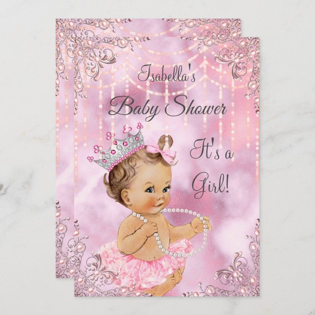 Girl Baby Shower Pink Pearl Brunette Invitation (Front/Back)