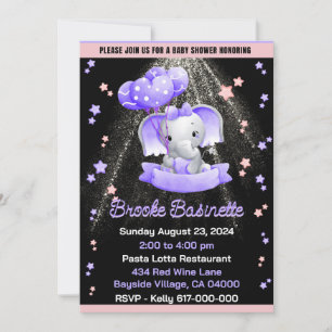 Girl Baby Shower Pink Purple Silver Baby Elephant Invitation