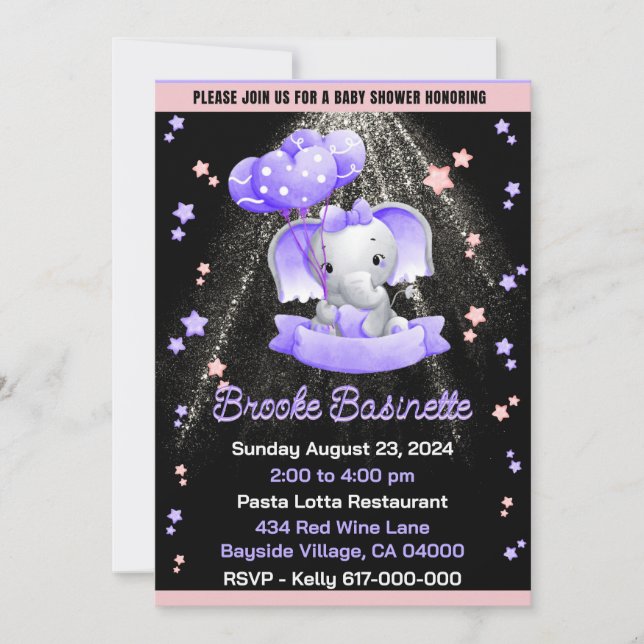 Girl Baby Shower Pink Purple Silver Baby Elephant  Invitation (Front)