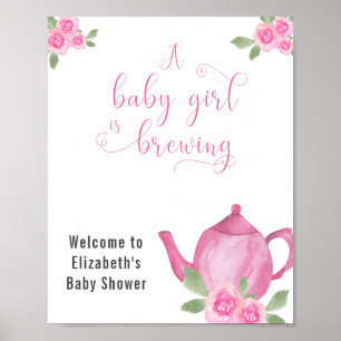 Girl Baby Shower Pink Teapot and Flowers Welcome Poster