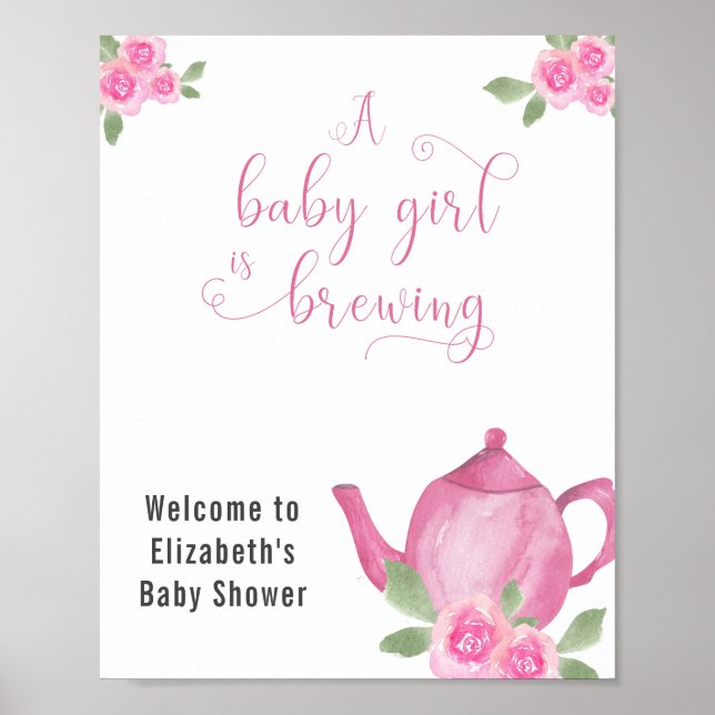 Girl Baby Shower Pink Teapot and Flowers Welcome Poster (Front)