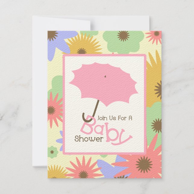 Girl Baby Shower - Pink Umbrella & Pastel Flowers Invitation (Front)