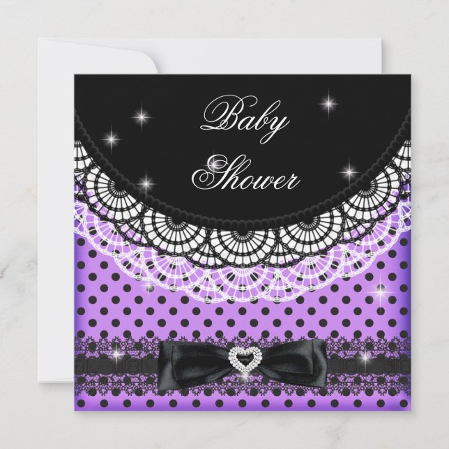 Girl Baby Shower Polka Dot Party Purple Black Invitation (Front)