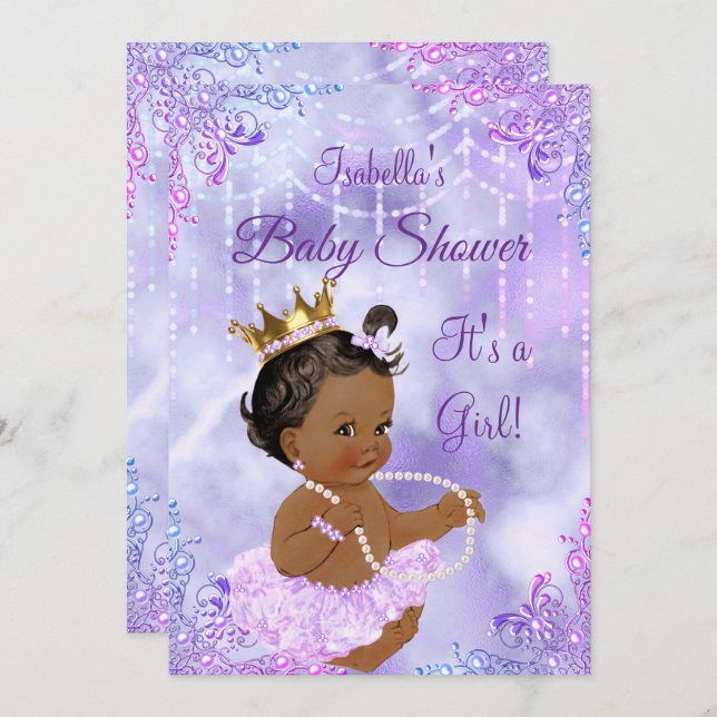 Girl Baby Shower Purple Lilac Pearl Ethnic Invitation (Front/Back)