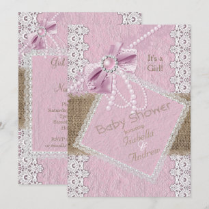 Girl Baby Shower Rustic Pink Bow Pearl Lace Burlap Invitation