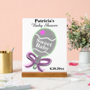 Girl Baby Shower Silver Pink Green Rattle Acrylic Sign