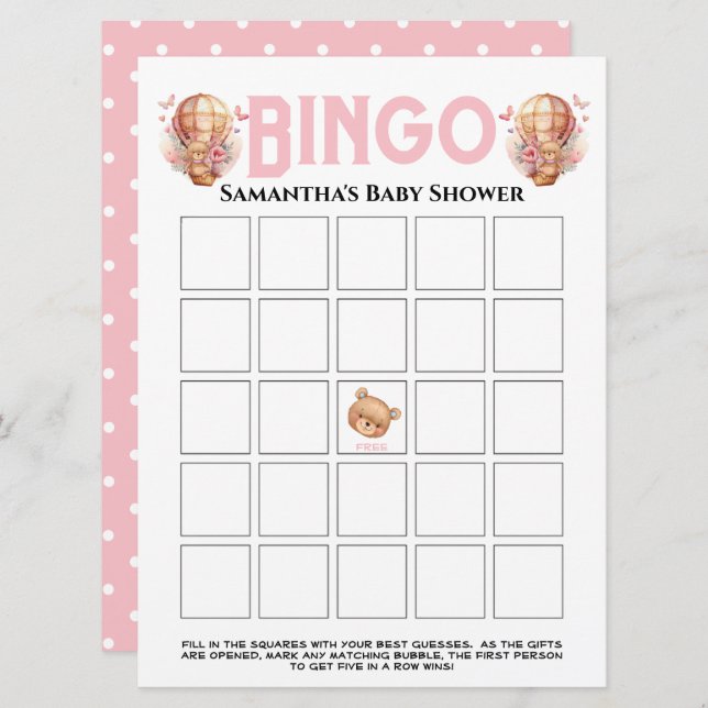  Girl Baby Shower Teddy Balloon Pink Bingo  Invitation (Front/Back)