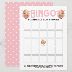  Girl Baby Shower Teddy Balloon Pink Bingo  Invitation