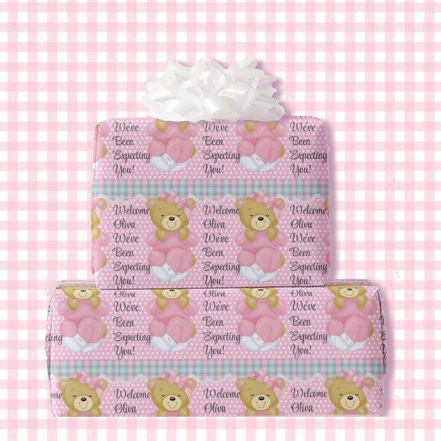 Girl Baby Shower Teddy Bear Add Name Pastel Pink Wrapping Paper (Creator Uploaded)