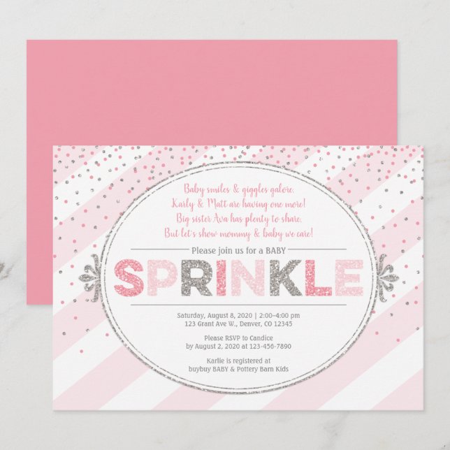Girl baby sprinkle invitation pink silver invite (Front/Back)