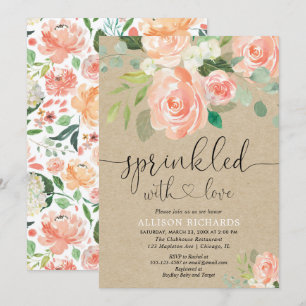 Girl baby sprinkle peach floral rustic kraft invitation