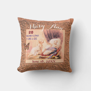 Girl Baby Stats Antique Pink Floral Keepsake Cushion