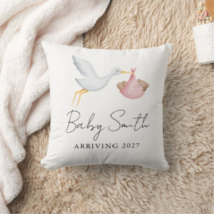 Girl Baby Water Colour Stork Announcement Year Cushion