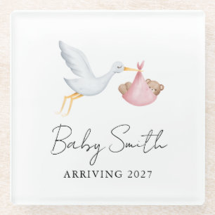Girl Baby Water Colour Stork Announcement Year Glass Coaster