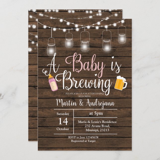 Girl BabyQ invitation Coed BBQ Baby brewing invite (Front/Back)