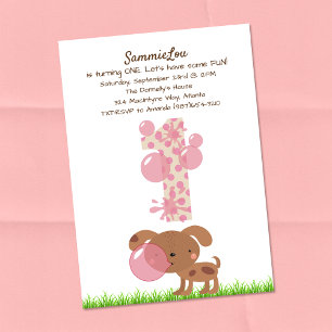 Girl Baby's First Birthday Puppy Bubble Gum Invitation