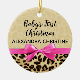 Girl Babys First Christmas Leopard Print Pink Bow Ceramic Ornament
