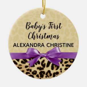 Girl Babys First Christmas Leopard Print Purple Ceramic Ornament