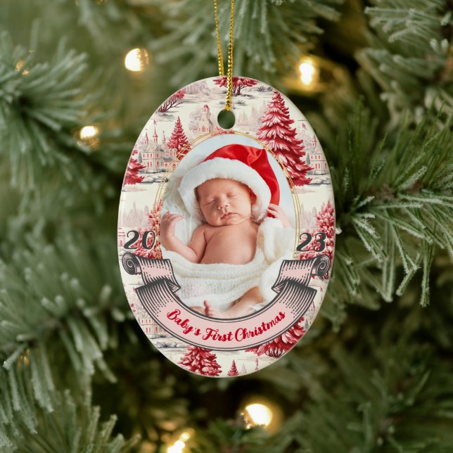 Girl Baby's First Christmas Tree Pink & Red Photo Ceramic Ornament (Tree)