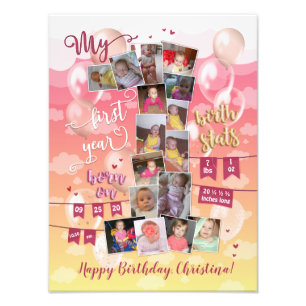 Girl Baby's Keepsake First Year Cute Photo Collage Print