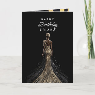 Girl back sparkling golden evening dress birthday card