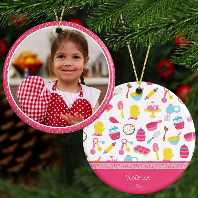 Girl Baker Pink Cooking Kid Chef Photo Christmas Ceramic Ornament (Creator Uploaded)